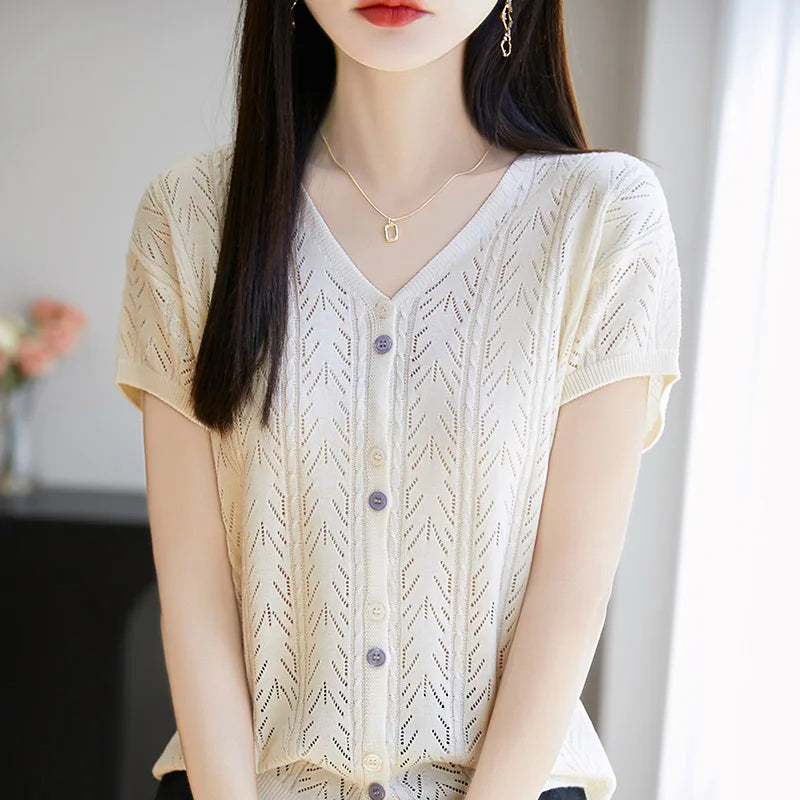 Summer new Lyocell cardigan short sleeved casual solid color V-neck T-shirt loose and fashionable knitted breathable women's top