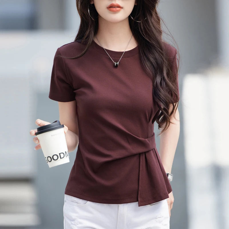 Wine red short sleeved T-shirt for women's summer new high-end cotton fashion plus size irregular round neck casual top