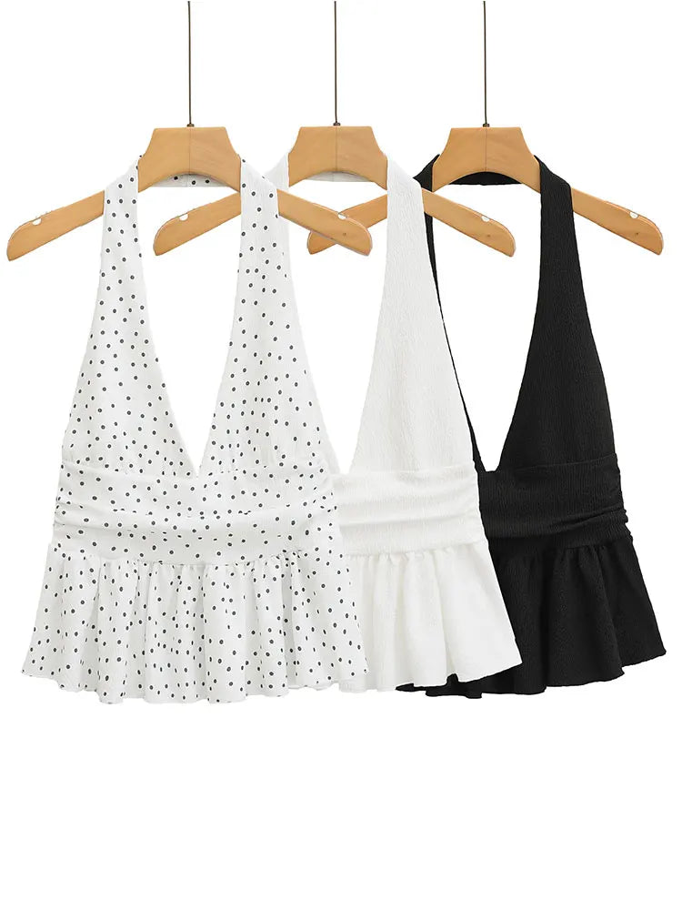 HH Women Vintage Solid Halter Vest Hem Ruffled Lady Sexy Backless Sleeveless V Neck Tops Summer Thin Casual Holiday Chic Top