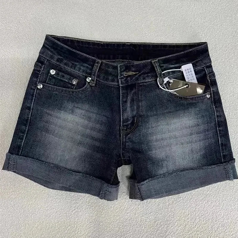 Retro Roll Up Hem Deep Blue Denim Shorts Women Summer Sexy Low Rise Hip Covering Hot Pants American Distressed Washed Jean Short