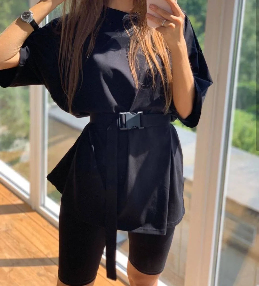 Women Half Sleeve T-shirt Top Shorts Belt Homewear Two Pieces Suit Leisure Set Bodycon Shorts Bottom Suit Two Piece Sets Outfit