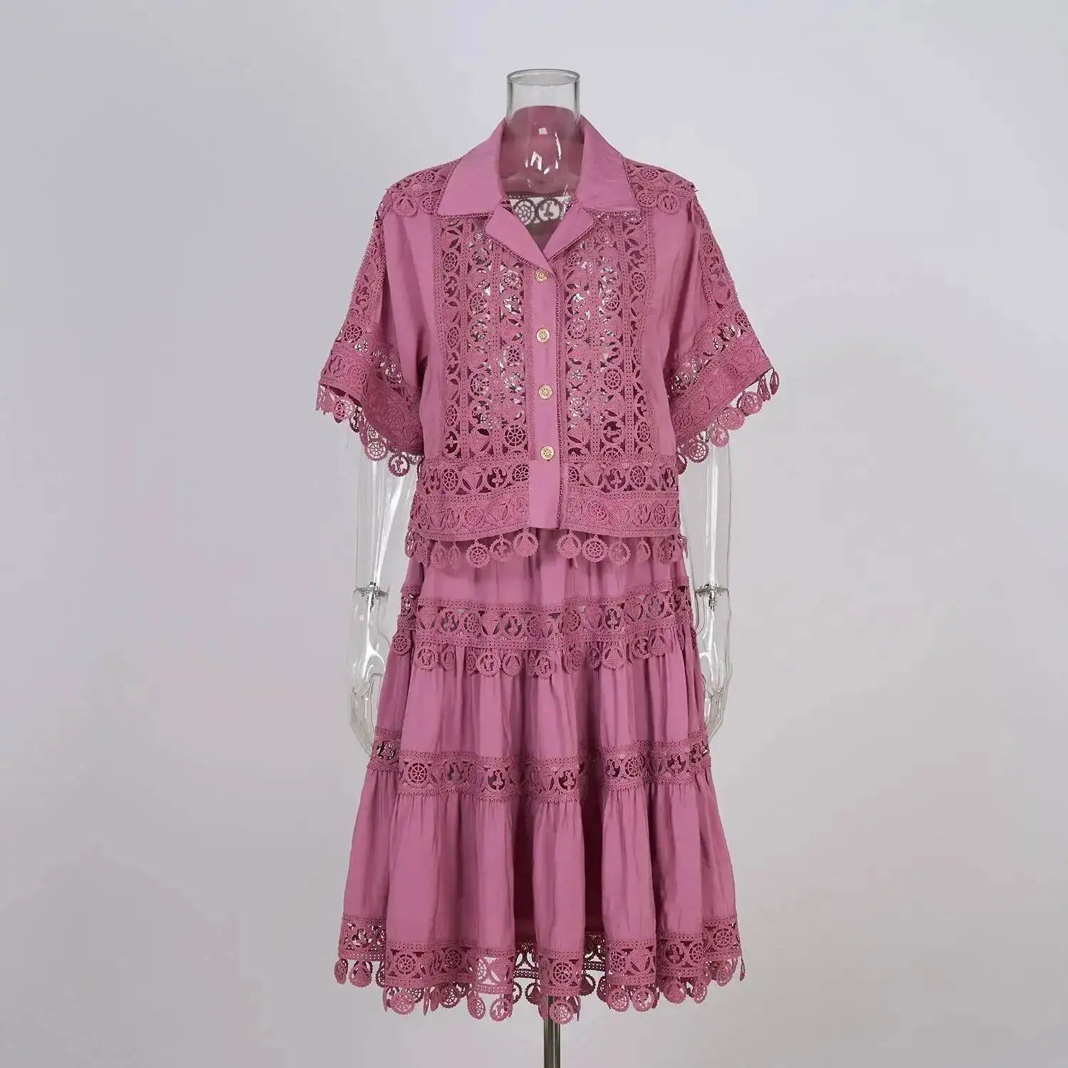 Luxury Hollow Out Dress Two Piece Set Women's 2025 Summer Holiday Embroidered Lace Jackets White Tops Pleated Short Skirts Suits