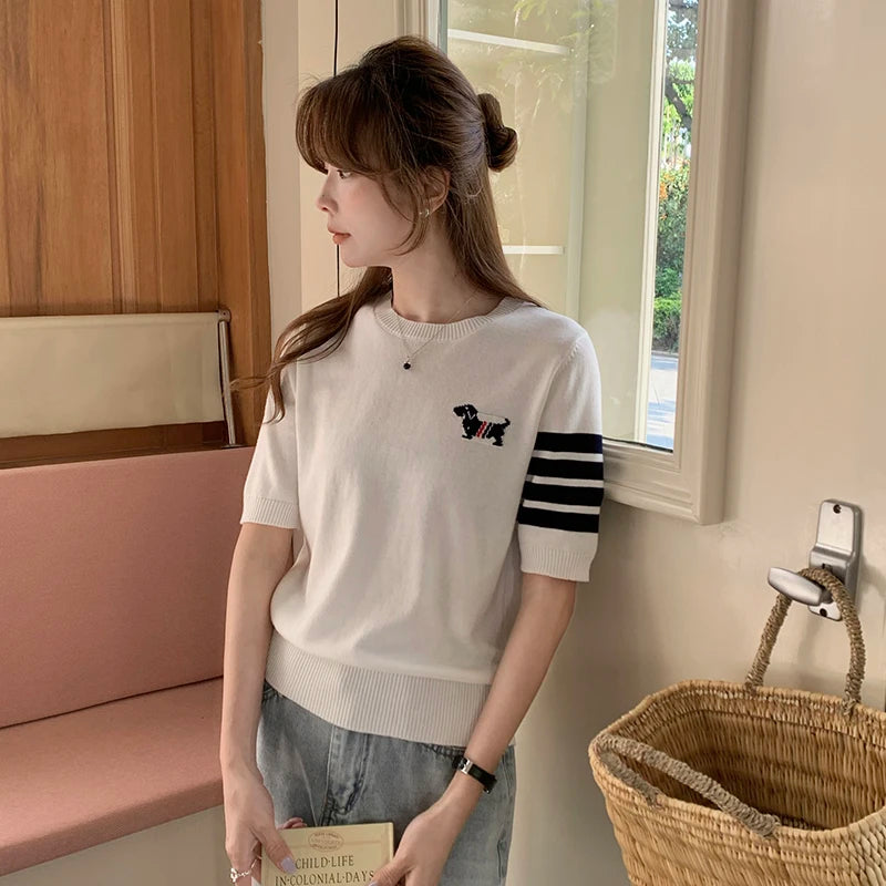 Summer 100% cotton women's T-shirt casual striped knit pullover short sleeved loose round neck Tees embroidered luxury brand Top