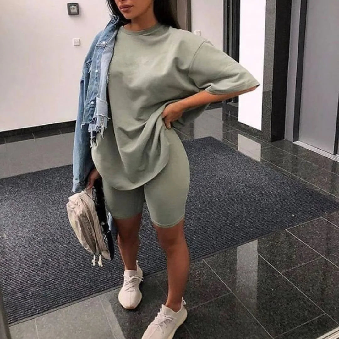 Women Half Sleeve T-shirt Top Shorts Belt Homewear Two Pieces Suit Leisure Set Bodycon Shorts Bottom Suit Two Piece Sets Outfit