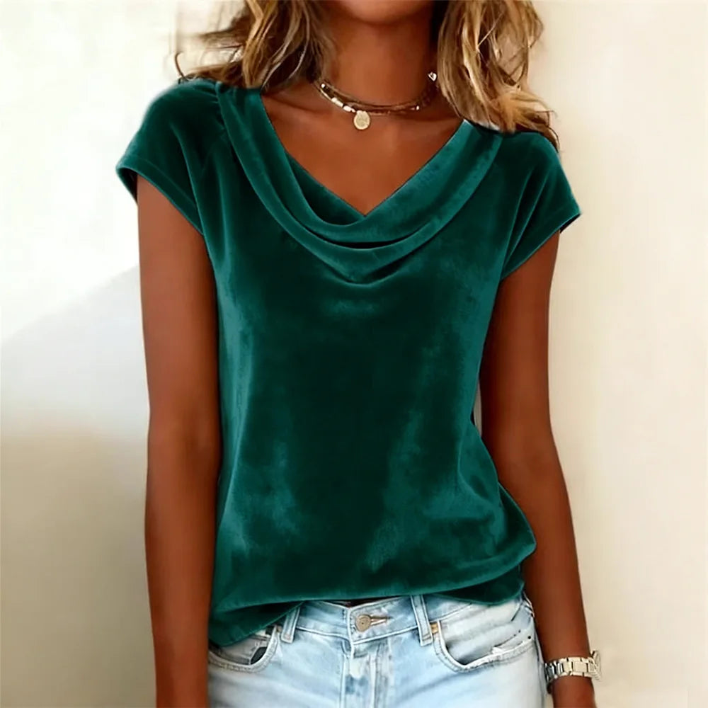 Fashionable Women's New Arrival Solid Color Drop Shoulder Short Sleeve Sexy Velvet T-Shirt
