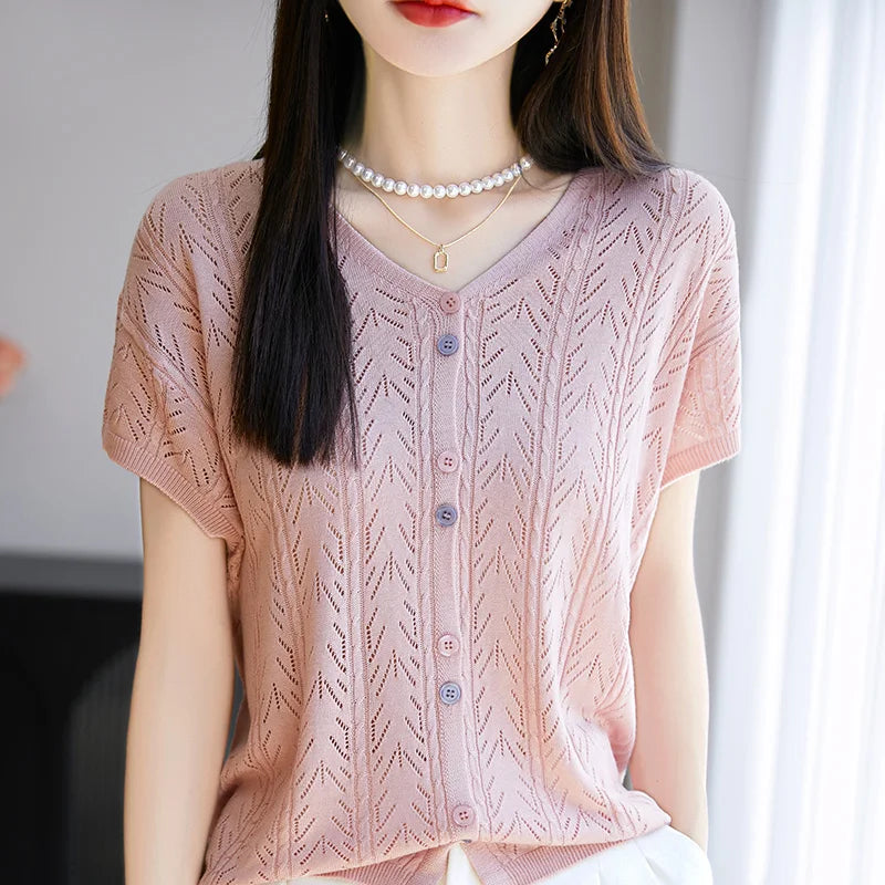 Summer new Lyocell cardigan short sleeved casual solid color V-neck T-shirt loose and fashionable knitted breathable women's top