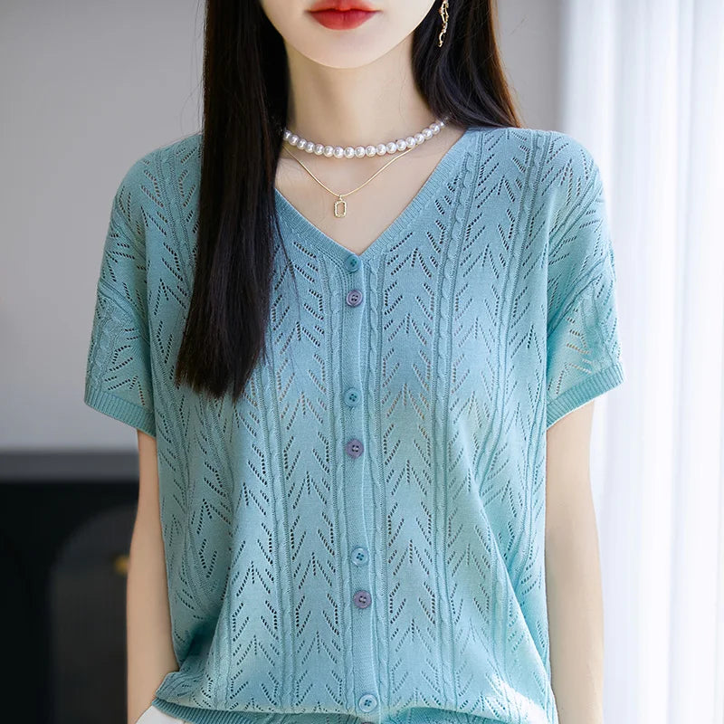 Summer new Lyocell cardigan short sleeved casual solid color V-neck T-shirt loose and fashionable knitted breathable women's top