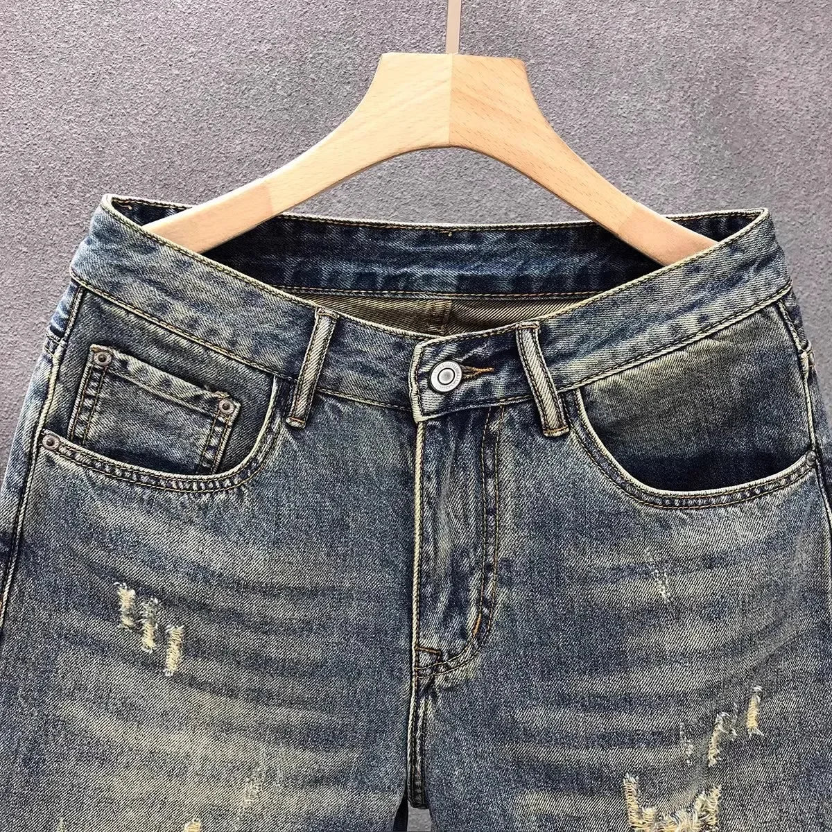 Summer American Casual Vintage Ripped Denim Shorts Men Loose High Street Five-Point Trendy Pants Comfortable Breathable