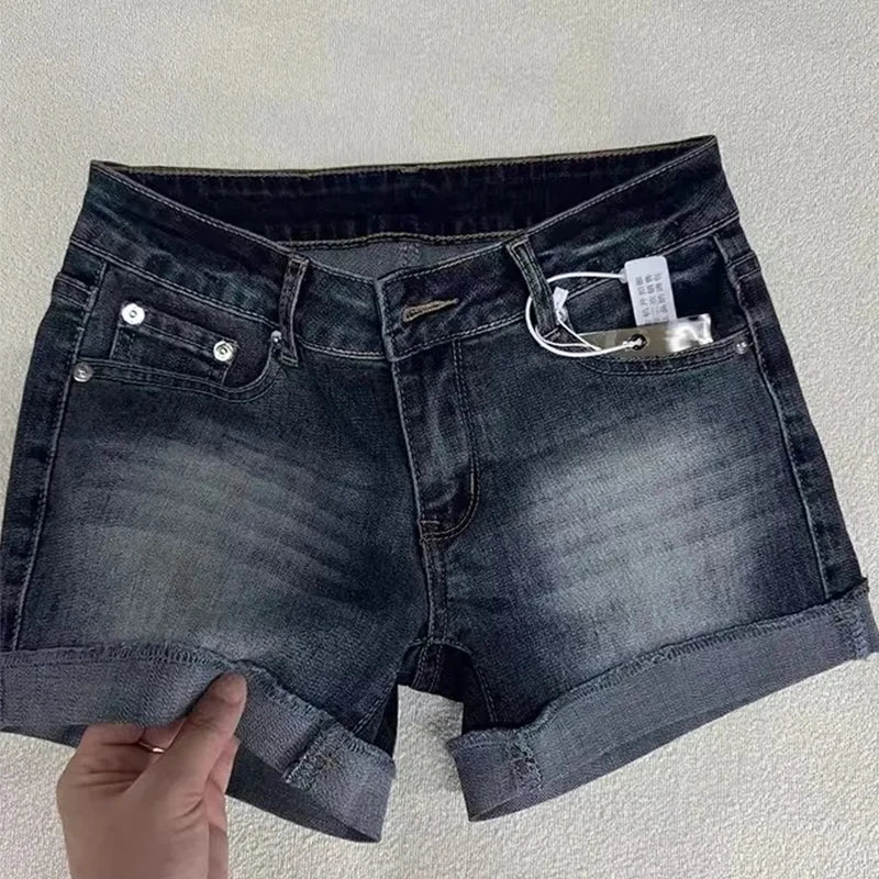 Retro Roll Up Hem Deep Blue Denim Shorts Women Summer Sexy Low Rise Hip Covering Hot Pants American Distressed Washed Jean Short