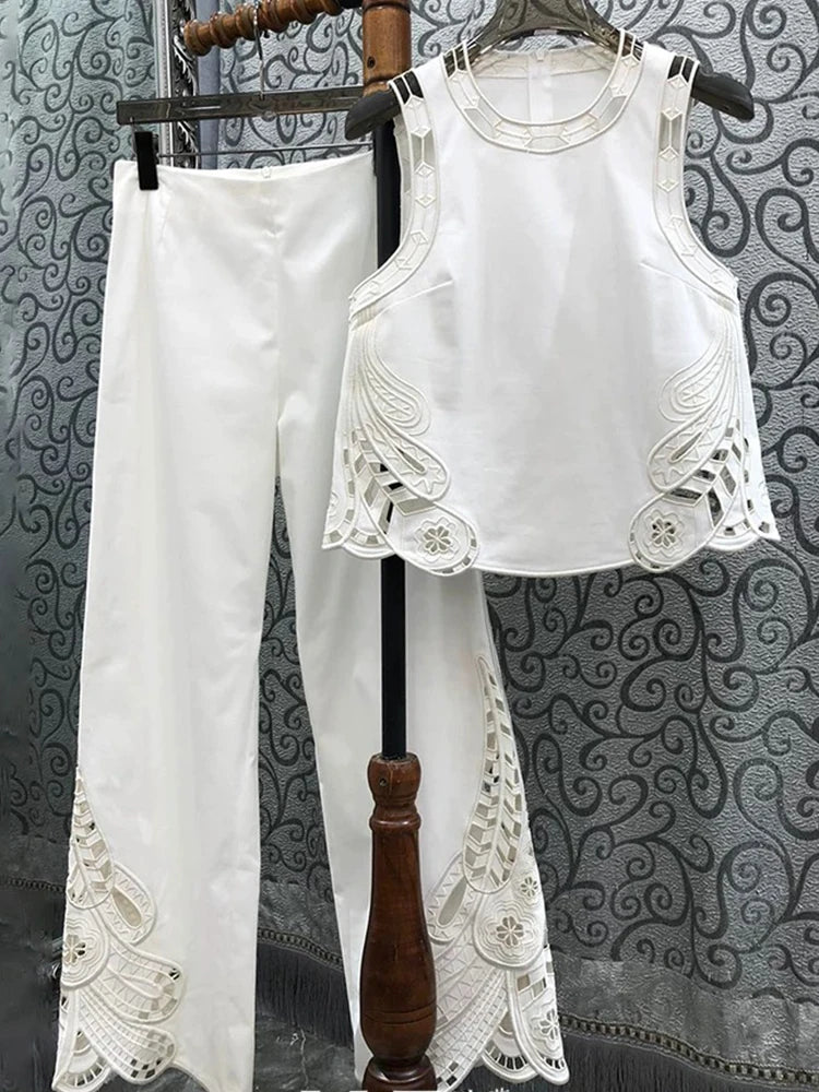 Spring/summer 2025 new embroidered hollow round neck sleeveless top+casual straight trousers fashion two-piece women's suit