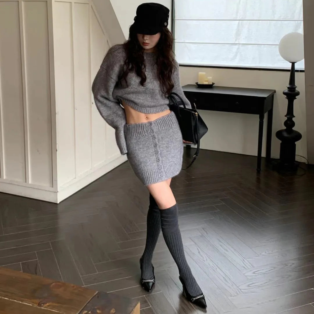 2025 New Autumn Winter Two Piece Sets Fashion Women Solid Warm Long Sleeve Sweaters Shorts Skirt Suit Casual Loose Streetwear