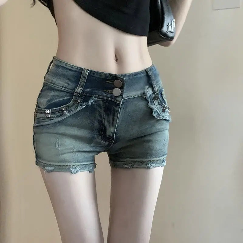 American Vintage Women's Short Jeans: Low Rise Booty Shorts, Stretchy Figure Hugging, Distressed Denim Short Shorts, Y2K Baddie