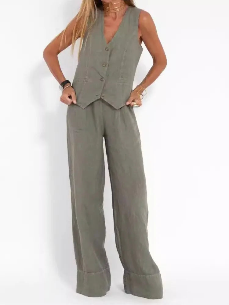 Women Fashion Solid V-neck Sleeveless Two Piece Sets New Spring Summer Button Vest Top & Wide Leg Pants Office Casual Outfits
