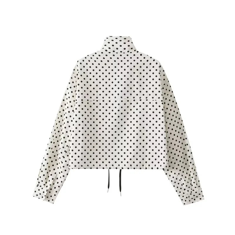 Women's Spring Summer Casual Polka Dot Two-Piece Set, Stand Collar Zip-Up Top with Matching Shorts, All-match for Daily Outings