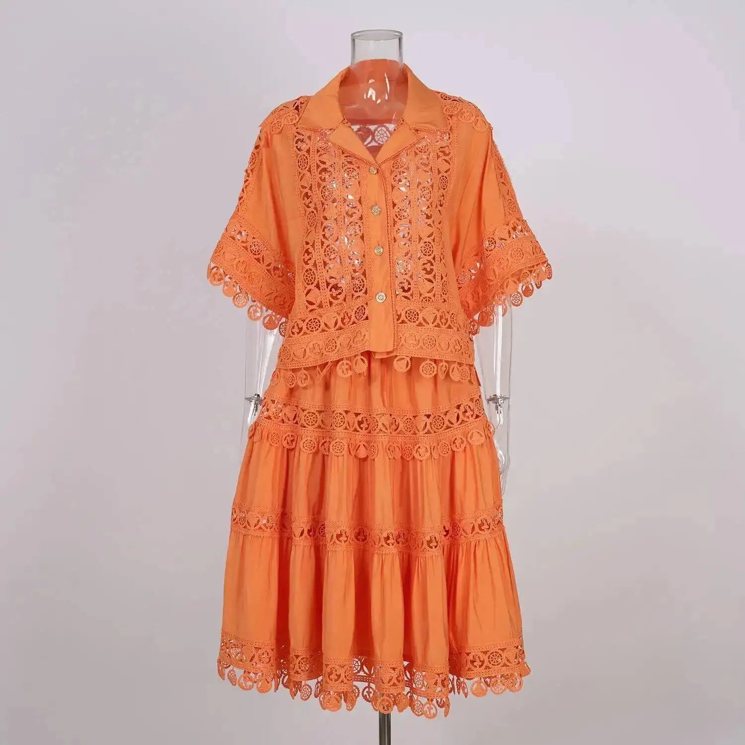 Luxury Hollow Out Dress Two Piece Set Women's 2025 Summer Holiday Embroidered Lace Jackets White Tops Pleated Short Skirts Suits