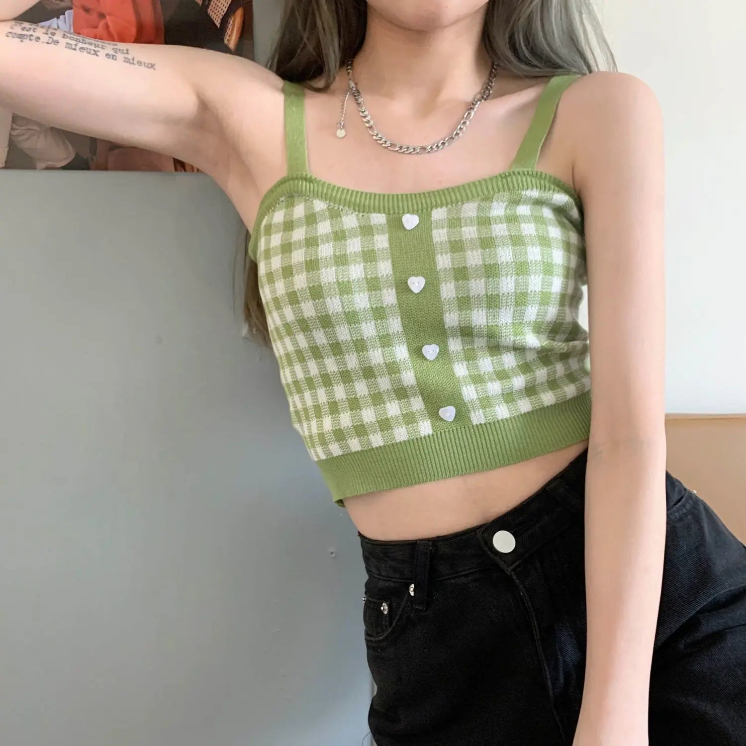 Plaid Button Tank Tops Spaghetti Strap Women Summer Fashion 2026 Y2K Cute Korean Knitted Tight Sleeveless Vest Crop Top Female