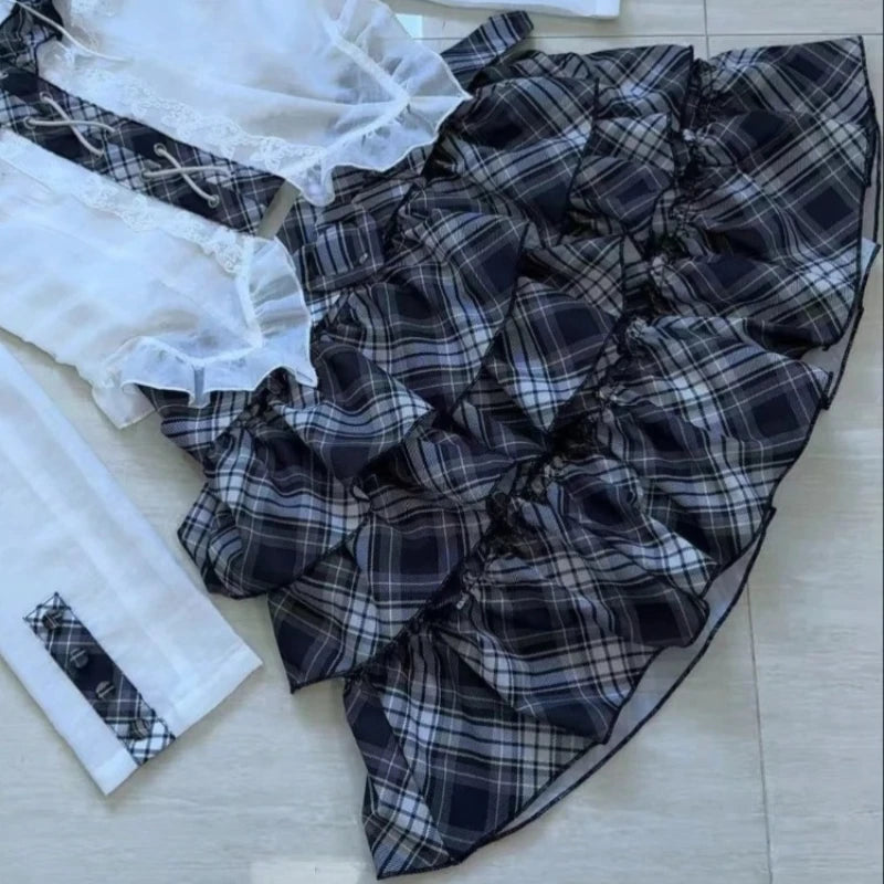 Japanese Punk Sweet Two Piece Sets Women's One-shoulder Lace Blouse + Plaid Cake Skirt New Vintage Fashion Harajuku Y2k Outfits