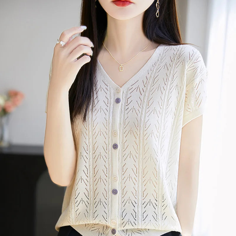 Summer new Lyocell cardigan short sleeved casual solid color V-neck T-shirt loose and fashionable knitted breathable women's top