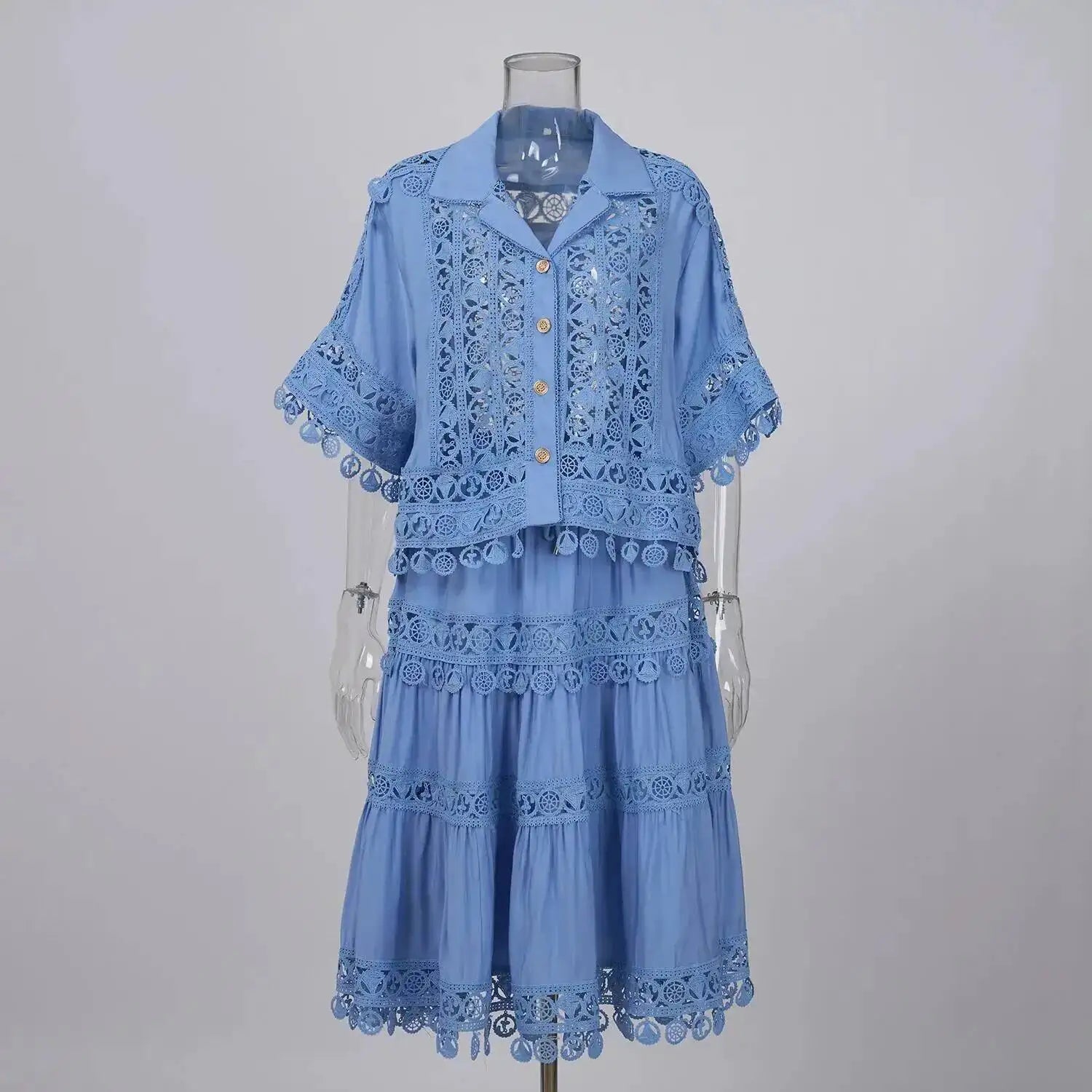 Luxury Hollow Out Dress Two Piece Set Women's 2025 Summer Holiday Embroidered Lace Jackets White Tops Pleated Short Skirts Suits