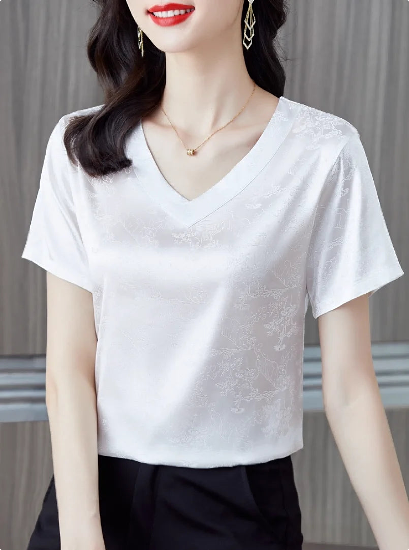 Women's New Premium Loose-Fit Top - Acetate Satin V-Neck Short-Sleeve Tee casual elegant outfits for women