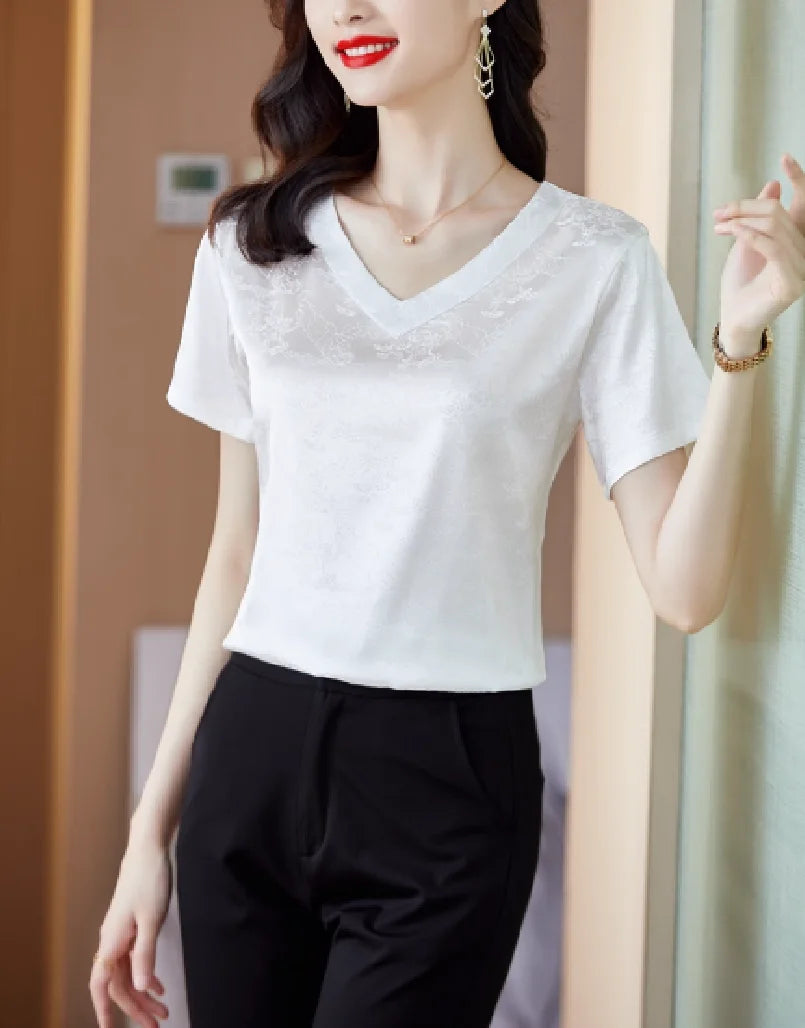 Women's New Premium Loose-Fit Top - Acetate Satin V-Neck Short-Sleeve Tee casual elegant outfits for women