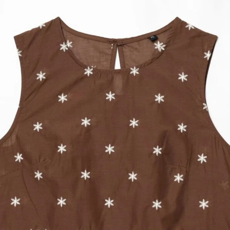 Women's Summer Set Hollow Embroidered Casual Skirt Outfit Sleeveless Top Floral Elastic Waist Two Piece Limited Stock