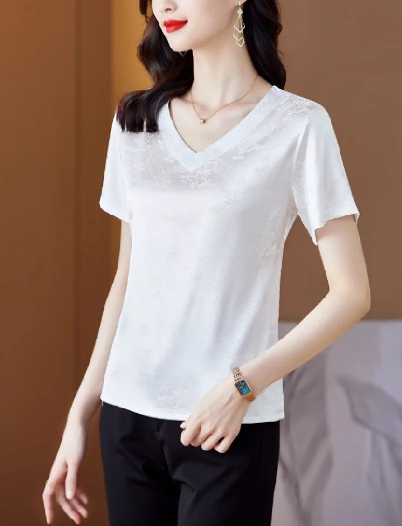Women's New Premium Loose-Fit Top - Acetate Satin V-Neck Short-Sleeve Tee casual elegant outfits for women