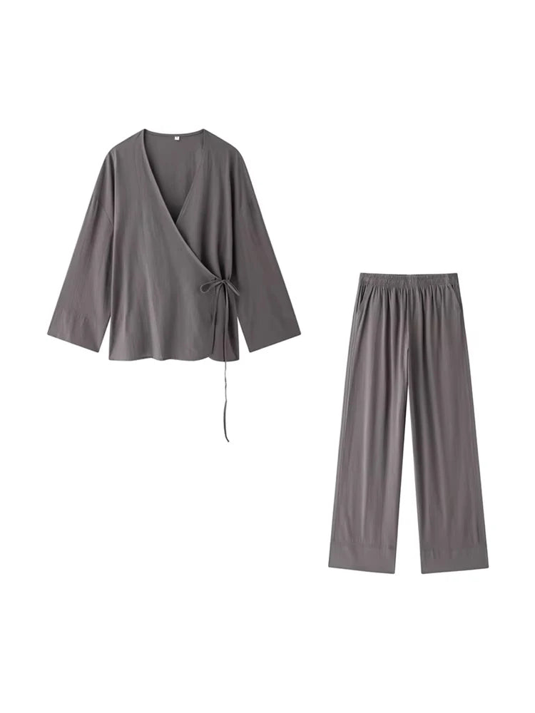 Women Fashion With Tied Loose Kimono Blouses And High Elastic Waist Side Pockets Pants Female Two Piece Sets Mujer