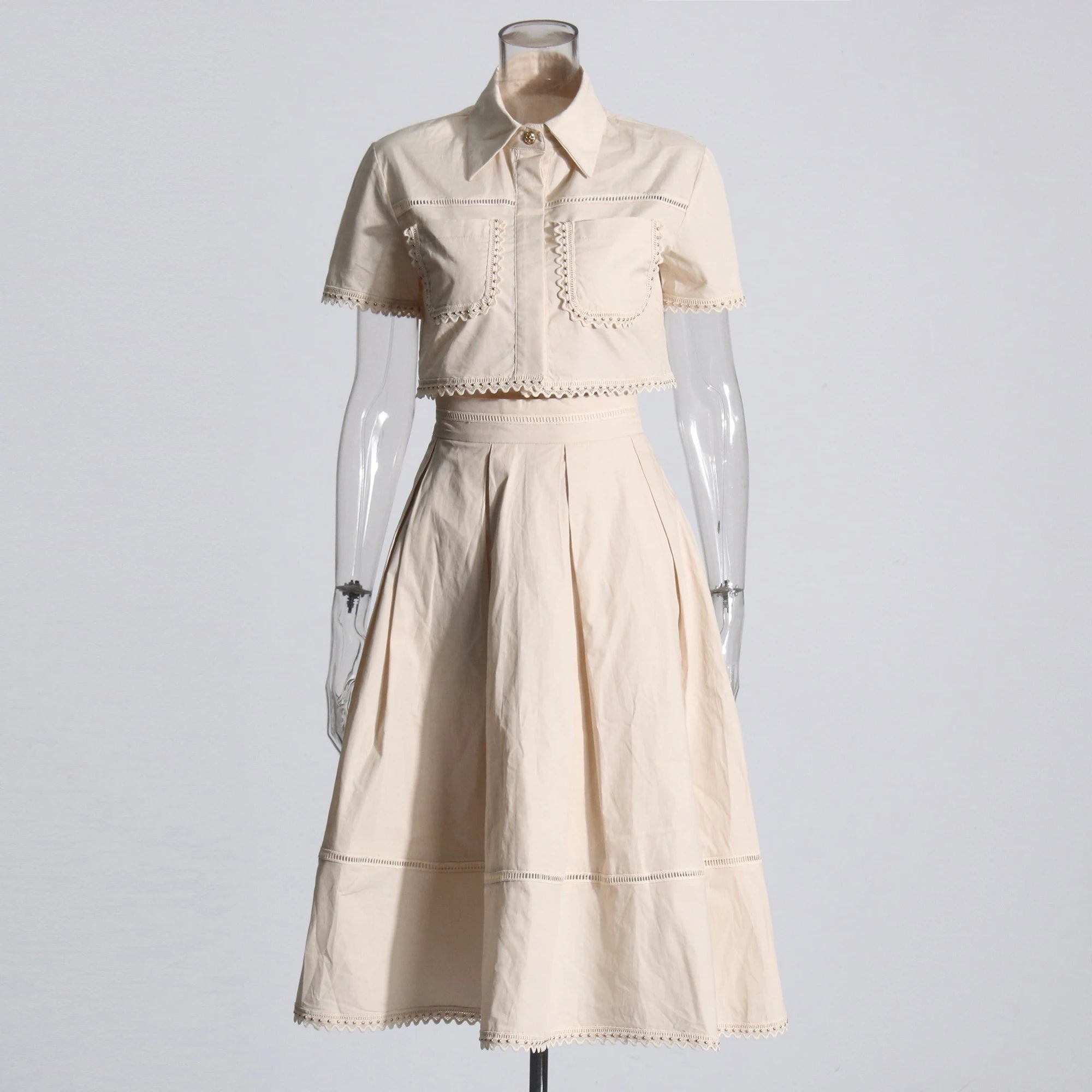 Solid Two Piece Sets For Women Lapel Short Sleeve Patchwork Pockets Tops High Waist Folds A Line Skirts Casual Set Female