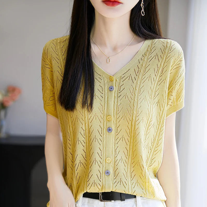 Summer new Lyocell cardigan short sleeved casual solid color V-neck T-shirt loose and fashionable knitted breathable women's top