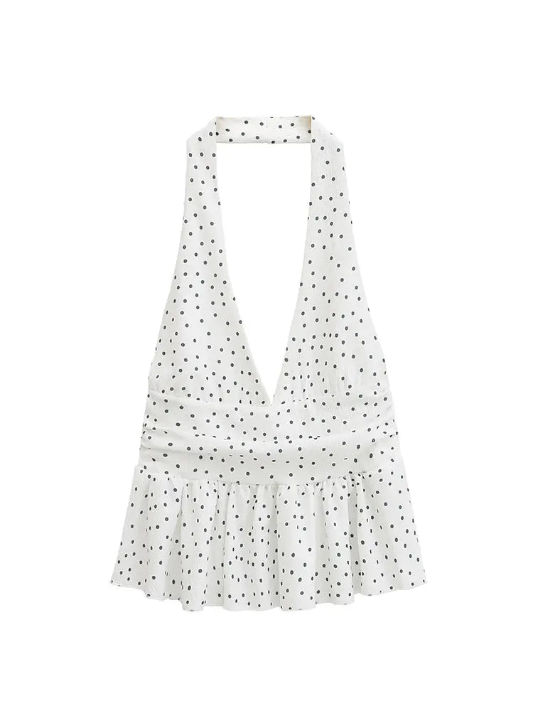 HH Women Vintage Solid Halter Vest Hem Ruffled Lady Sexy Backless Sleeveless V Neck Tops Summer Thin Casual Holiday Chic Top