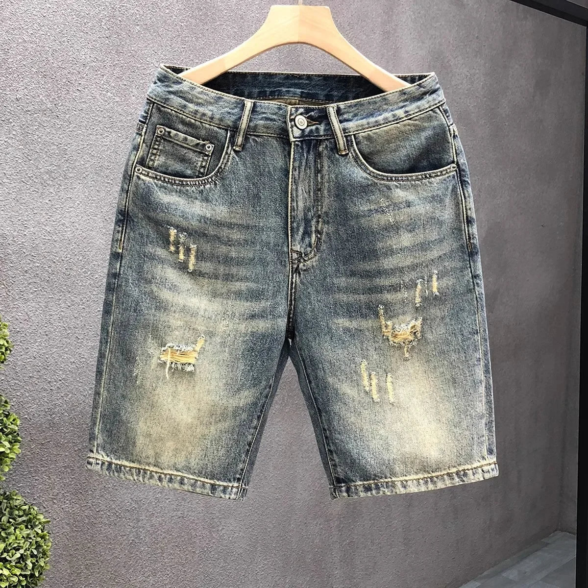 Summer American Casual Vintage Ripped Denim Shorts Men Loose High Street Five-Point Trendy Pants Comfortable Breathable