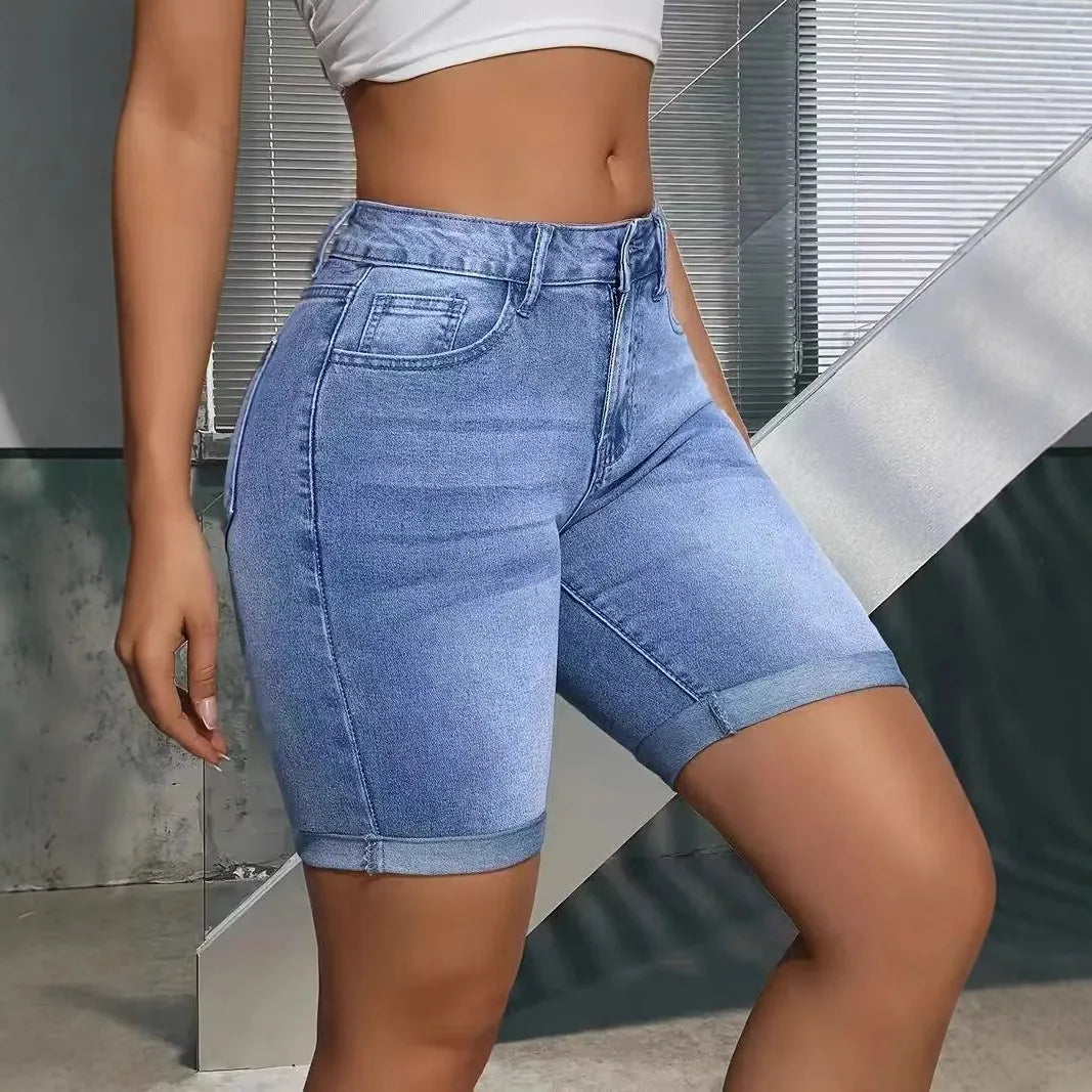 Bleached Jeans Shorts Denim Women Jean High Waist Spliced Pockets Washed Solid Vintage Basics Zipper Fly Skinny Summer 2025