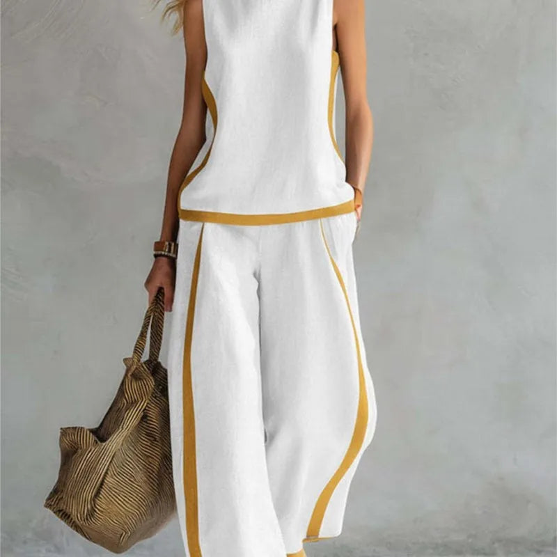 Summer New Women's Tracksuit Suit O-neck Sleeveless Vest Wide-leg Loose Pants Set Female Casual Elegant Ladies Two Piece Sets