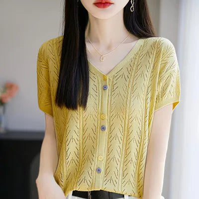 Summer new Lyocell cardigan short sleeved casual solid color V-neck T-shirt loose and fashionable knitted breathable women's top