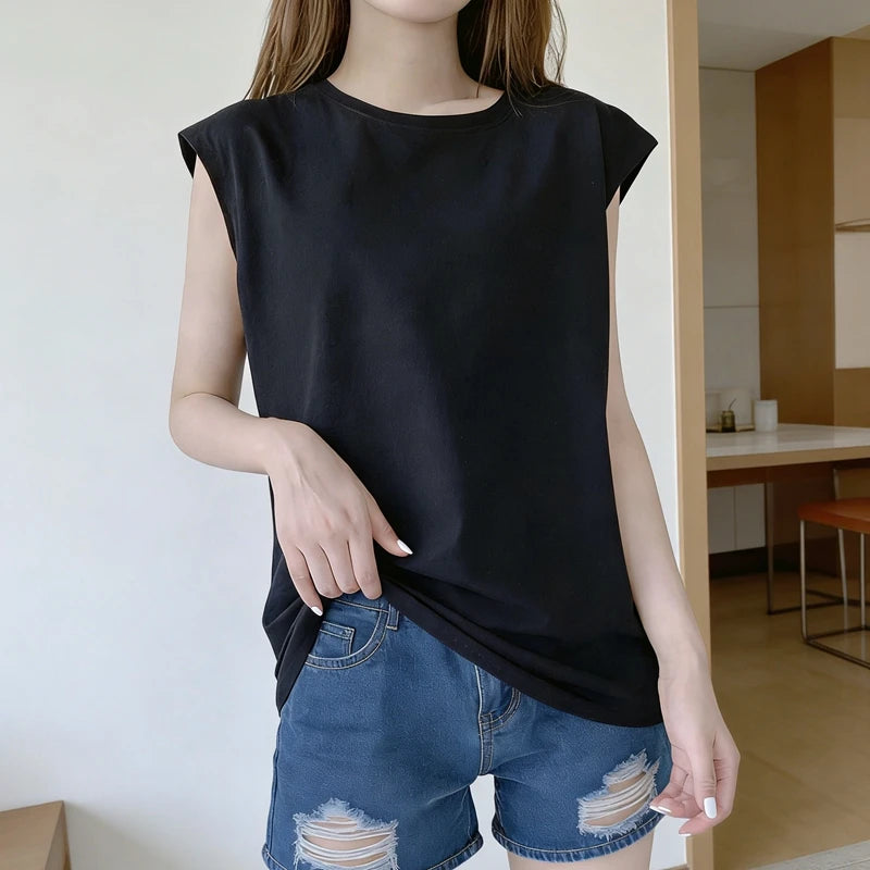 Woman Loose Sleeveless Tank Top Summer Casual Vest Basic Daily T-shirt Sweet Style Suitable For Students Stretchy Soft Lady Wear