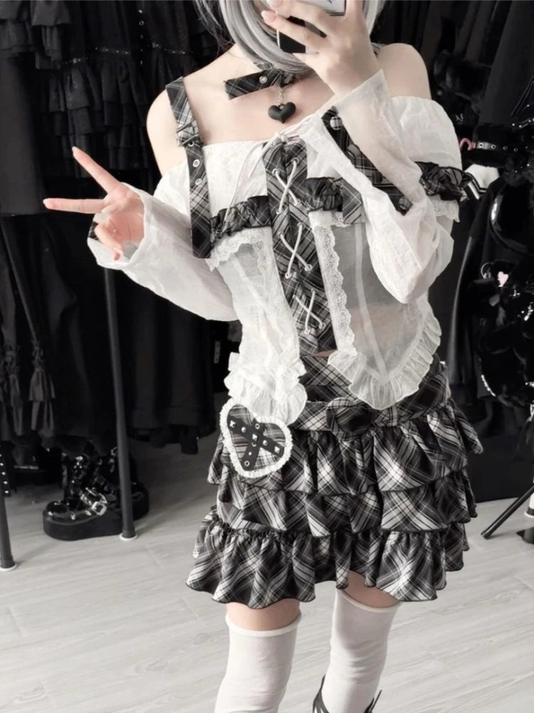 Japanese Punk Sweet Two Piece Sets Women's One-shoulder Lace Blouse + Plaid Cake Skirt New Vintage Fashion Harajuku Y2k Outfits