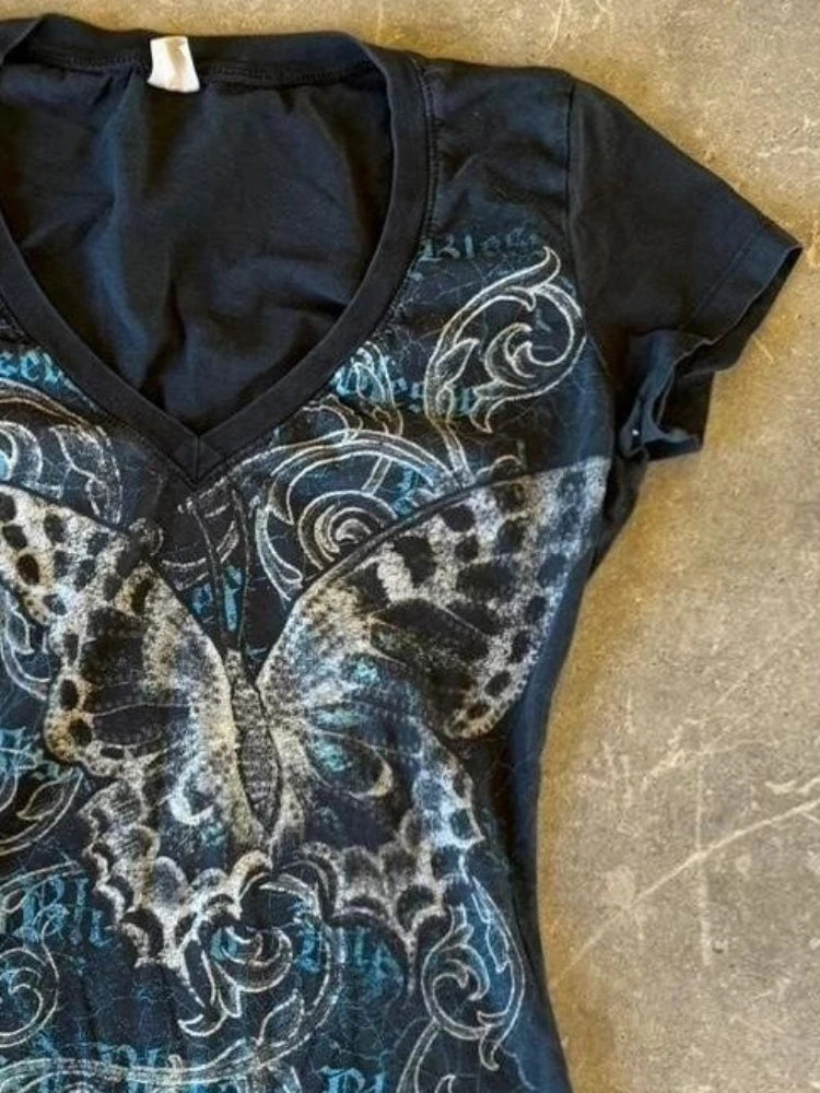 Harajuku Fairy Cropped Butterfly Printing T Shirts Vintage Grunge Streetwear Tops Women Summer Y2k Aesthetic Casual Crop Shirts