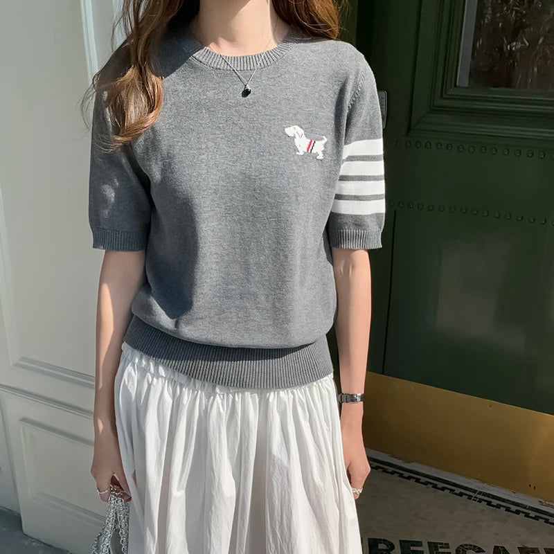 Summer 100% cotton women's T-shirt casual striped knit pullover short sleeved loose round neck Tees embroidered luxury brand Top