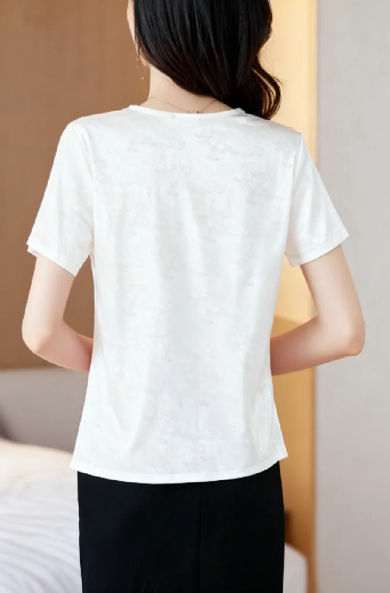 Women's New Premium Loose-Fit Top - Acetate Satin V-Neck Short-Sleeve Tee casual elegant outfits for women