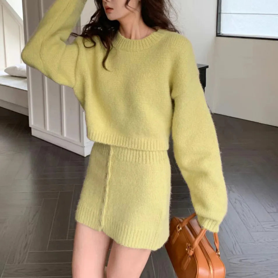 2025 New Autumn Winter Two Piece Sets Fashion Women Solid Warm Long Sleeve Sweaters Shorts Skirt Suit Casual Loose Streetwear