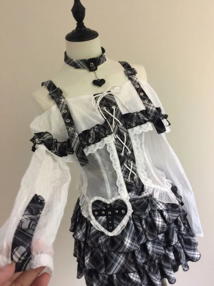 Japanese Punk Sweet Two Piece Sets Women's One-shoulder Lace Blouse + Plaid Cake Skirt New Vintage Fashion Harajuku Y2k Outfits