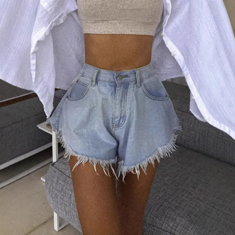2026 New Umbrella Denim Shorts Women High Waist Blue Tassel Jean Booty Shorts