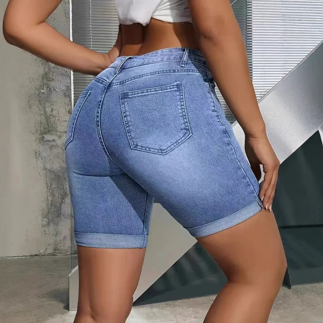 Bleached Jeans Shorts Denim Women Jean High Waist Spliced Pockets Washed Solid Vintage Basics Zipper Fly Skinny Summer 2025