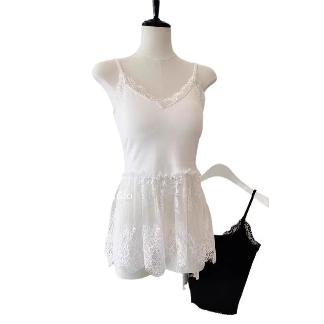 Korean Style Sexy Lace Sleeveless Crop Cami Top Women 2026 Summer Mesh Layer Tank Top Y2K Clothes Ruched Skinny Backless T-shirt