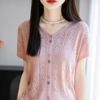 Summer new Lyocell cardigan short sleeved casual solid color V-neck T-shirt loose and fashionable knitted breathable women's top