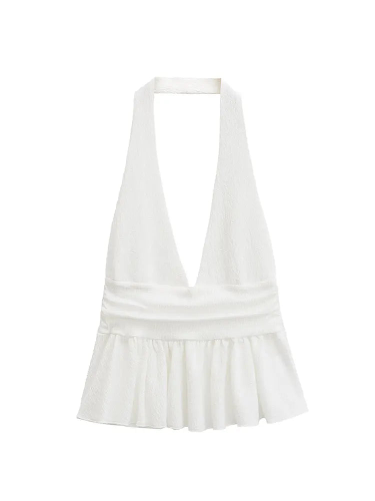 HH Women Vintage Solid Halter Vest Hem Ruffled Lady Sexy Backless Sleeveless V Neck Tops Summer Thin Casual Holiday Chic Top