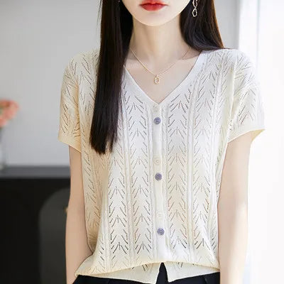 Summer new Lyocell cardigan short sleeved casual solid color V-neck T-shirt loose and fashionable knitted breathable women's top