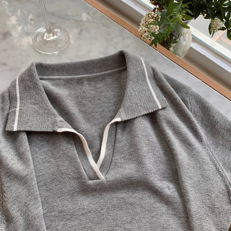 Summer 100% cotton women's T-shirt casual striped knit pullover short sleeved loose POLO collar Tees Pull luxury brand Tops