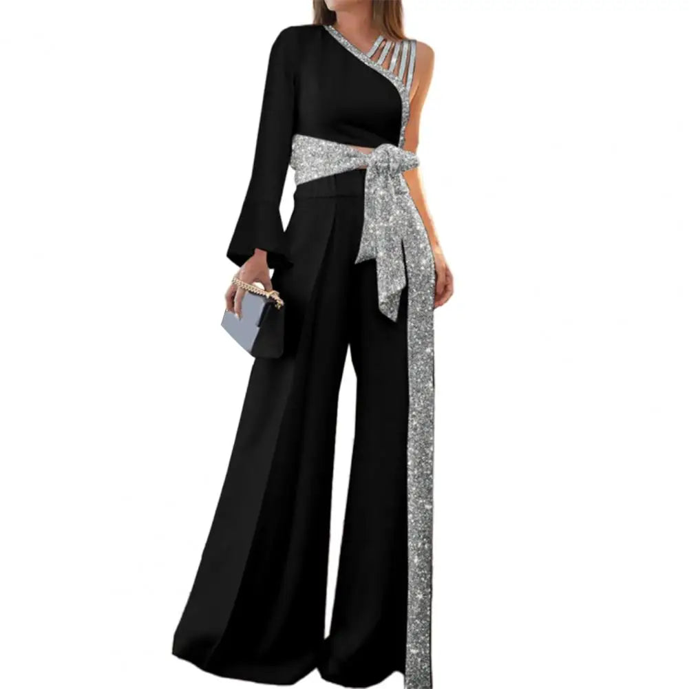 2Pcs Women Off Shoulder Bandage Suits Outfits Bandage Bowknot High Waist Wide Leg Top Patchwork Shiny Pants Set Streetwear